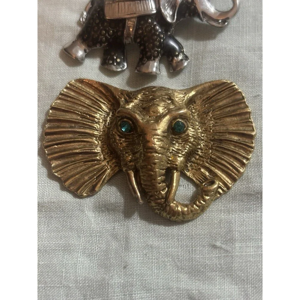 Vintage Elephant Brooch Lot 2 Gold Silver Green Rhinestone Statement Animal Pins